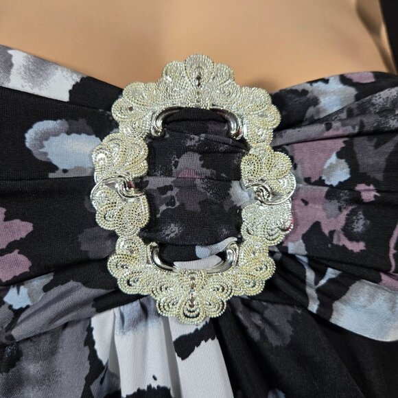 Y2K McBling Black Floral Sleeveless Top Big Buckle Size M Gothic Fairy Babydoll - Picture 2 of 10